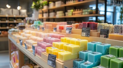 Fototapeta premium Display of colorful soaps in a natural products store. Appealing array of eco-friendly cleansing options.