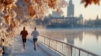 Runners Enjoying a Winter Jog Along a Scenic Lakeside Path in a Vibrant City Setting