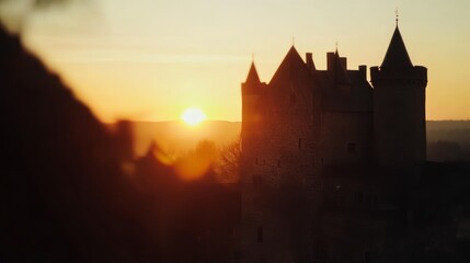 Blurred silhouette of a medieval castle at dusk, soft shadows enveloping ancient stone walls, evoking mystery and timelessness.