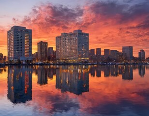 Stunning sunset reflects off modern buildings near a calm waterway in a vibrant urban landscape