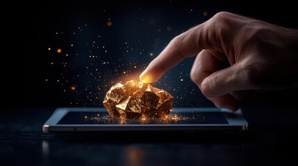 hand is analyzing gold data on tablet, showcasing interaction between technology and wealth. scene is illuminated with sparkling effects, creating sense of innovation and prosperity