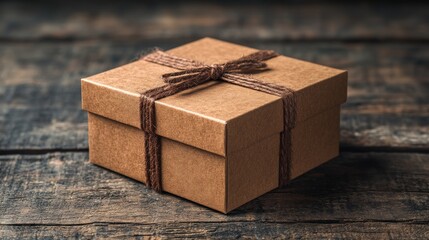 A simple brown gift box tied with twine on a wooden surface.