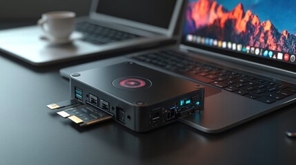 Compact device connected to laptops for enhanced functionality.