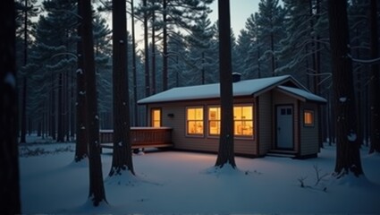 Cozy wooden cabin with warm light in a snowy forest at dusk, serene and tranquil winter scene. Generative, AI.

