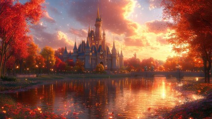 Fototapeta premium Majestic Castle Reflecting in a Tranquil Autumnal Lake at Sunset