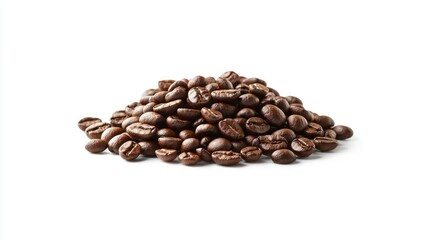 Obraz premium Heap of coffee beans isolated on white, with deep brown colors and textured surfaces emphasized for a close, natural look