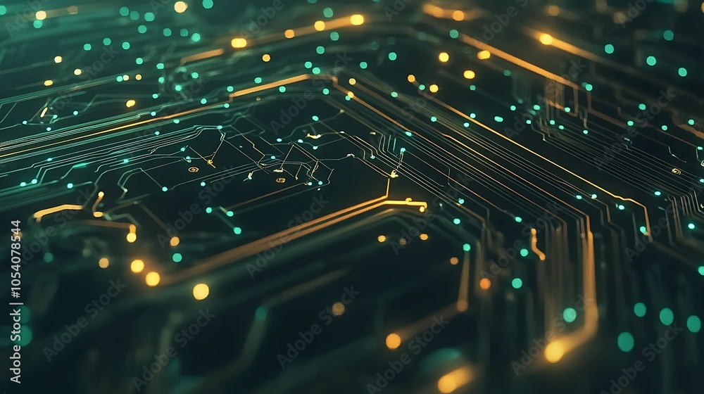 Poster abstract digital circuitry with glowing lights, representing technology and data processing.