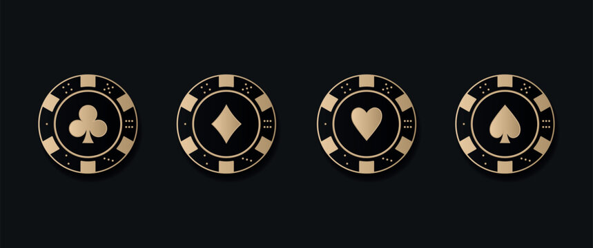 Set of gold and black poker chips - Gambling tokens with suits for poker and casino - Diamonds, clubs, hearts, spades chips.