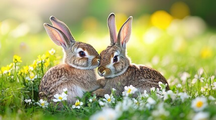 Obraz premium A pair of rabbits snuggling together in a field of flowers