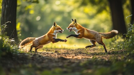 A pair of red foxes playfully chasing each other through a forest clearing