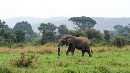 Obraz premium Lone elephant striding confidently through a misty jungle, tall trees and lush vegetation in the background
