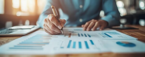 A person writes on paper filled with graphs and charts, analyzing data while sitting at a wooden table, capturing a moment of focused work.