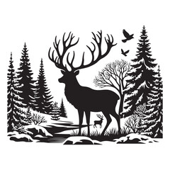 Silhouette of a deer in the forest. Winter Forest Wildlife silhouette vector on a white background