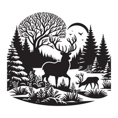Fototapeta premium Silhouette of a deer in the forest. Winter Forest Wildlife silhouette vector on a white background