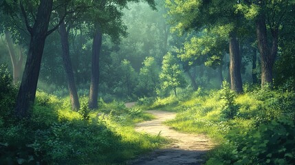 Obraz premium A peaceful background with a dense forest and a winding path leading into the woods