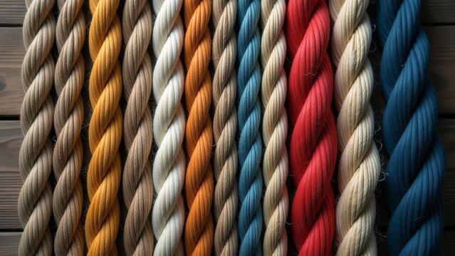 A row of ropes with different colors and textures
