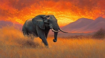 Naklejka premium Majestic elephant striding across a savannah at dawn, dust rising with each step, in a golden sunlit landscape