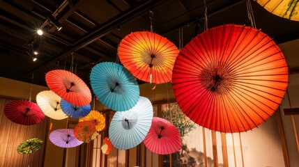 Display of colorful umbrellas hanging from the ceiling. Vibrant and decorative overhead arrangement.