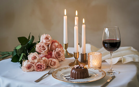 Fototapeta Romantic candlelit dinner with pink roses and chocolate dessert 