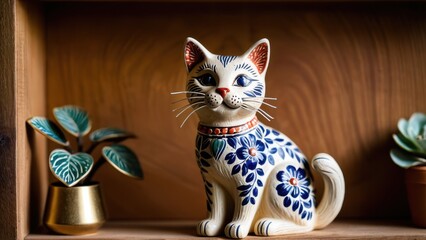 Fototapeta premium Artistic clay figure of a cat, featuring bright floral details. Hand-painted for decorative use, bringing vibrant charm to any interior space.