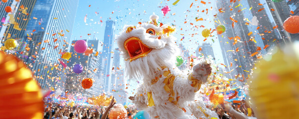 Obraz premium Lively lion dance performance with vibrant colors and energetic poses