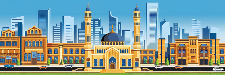 Golden mosque and blue sky cityscape illustration  perfect for Ramadan and Islamic holidays   