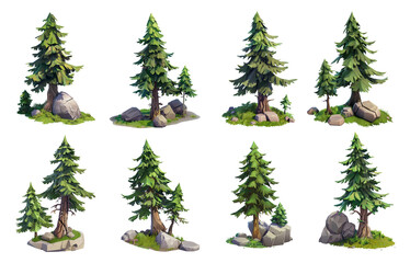 Obraz premium Stylized set with grass, rocks, fir-trees, spruce. Forest elements for landscape. Isolated on transparent background.