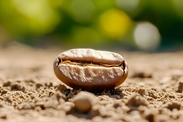 Fototapeta premium A close-up shot of a coffee bean on the ground, surrounded by dry soil. The background is blurred