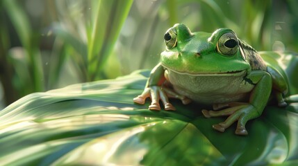Green frog perched on a green plant leaf, AI generated image