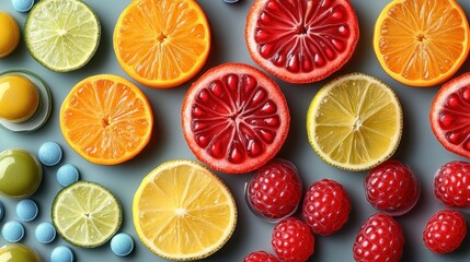 A flat lay of sliced citrus fruits, raspberries, and colorful pills on a gray background.