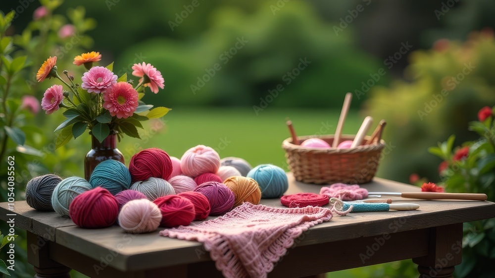 Poster a basket of colorful yarn sits on a table next to a knitted blanket