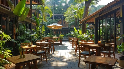 Fototapeta premium A peaceful outdoor cafe patio with wooden tables and chairs, lush greenery, and sunlight filtering through the trees.