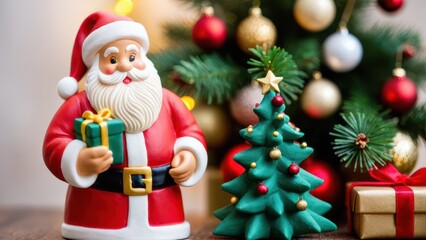 Obraz premium A festive Santa Claus figurine holding a gift, standing in front of a decorated Christmas tree. Ideal holiday decor for adding charm and warmth to Christmas celebrations.