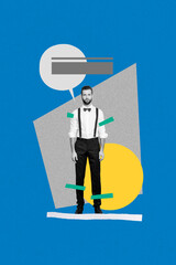 Vertical photo collage of serious trapped man locked discrimination offense bubble talk insult...