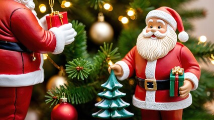 A festive Santa Claus figurine holding a gift, standing in front of a decorated Christmas tree. Ideal holiday decor for adding charm and warmth to Christmas celebrations.