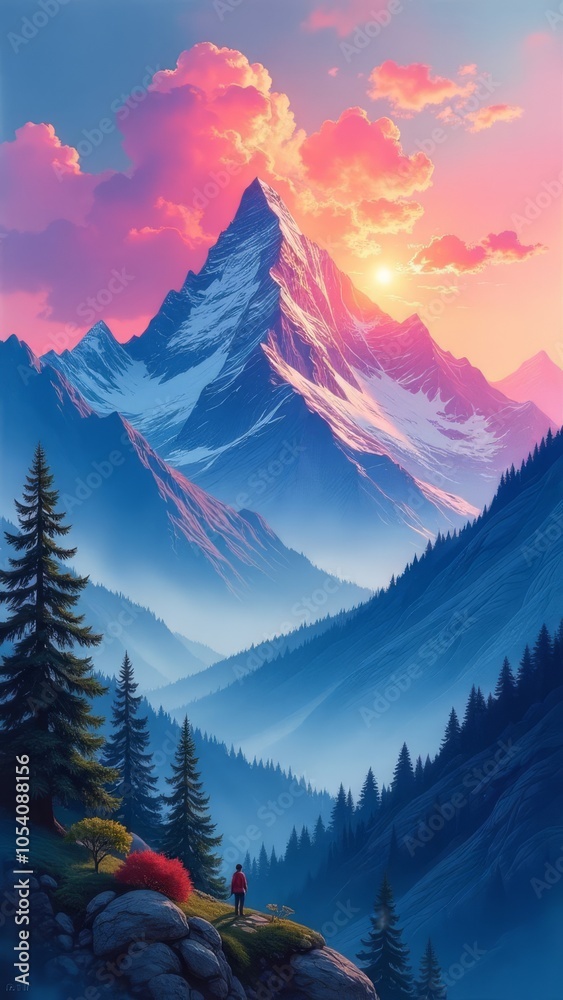 Poster a mountain range with a large peak in the background