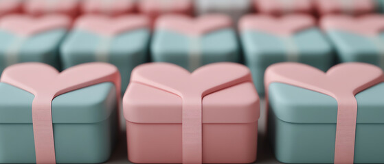 Fototapeta premium Colorful heart-shaped gift boxes arranged in a row, featuring pink and blue tones, perfect for celebrations and special occasions.