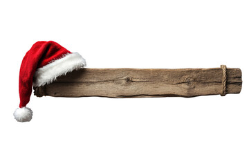 A santa hat hanging on a blank rustic wooden sign board. Transparent background