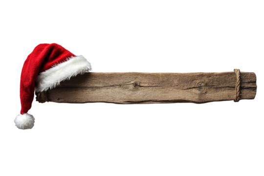 A santa hat hanging on a blank rustic wooden sign board. Transparent background