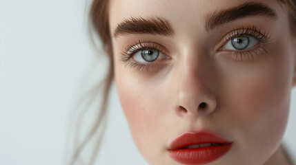 Fototapeta premium Close-up portrait of a woman with bold eyebrows and soft red lipstick