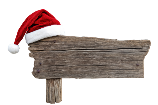 A santa hat hanging on a blank rustic wooden sign board. Transparent background - Powered by Adobe