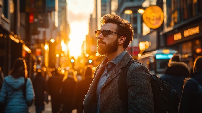 Business people in suits moving through a busy city street