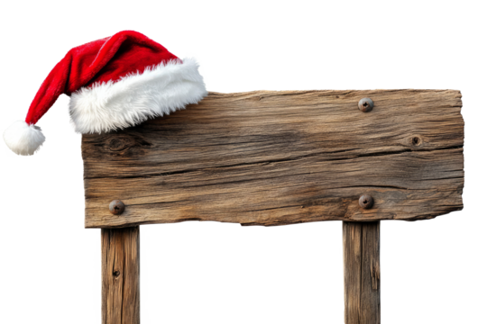A santa hat hanging on a blank rustic wooden sign board. Transparent background