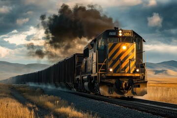 Fototapeta premium Freight Train Emitting Black Smoke