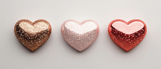 Fototapeta premium Three sparkling glitter hearts in shades of gold, pink, and red, arranged side by side against a soft gradient background.
