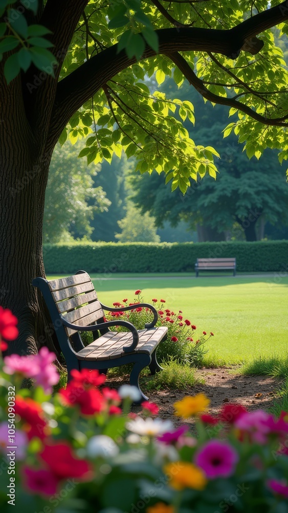Poster a park with a bench under a tree and flowers in the background