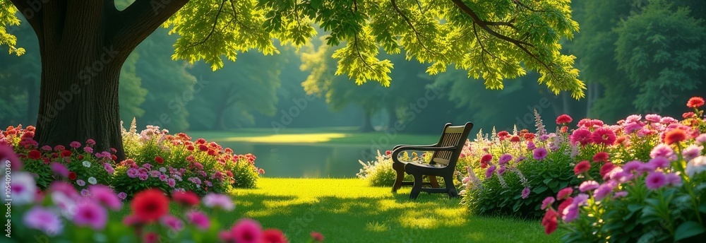 Poster a park with a bench under a tree and flowers in the background
