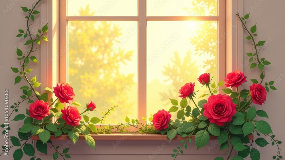 Poster A window with a view of a tree and a bunch of red roses