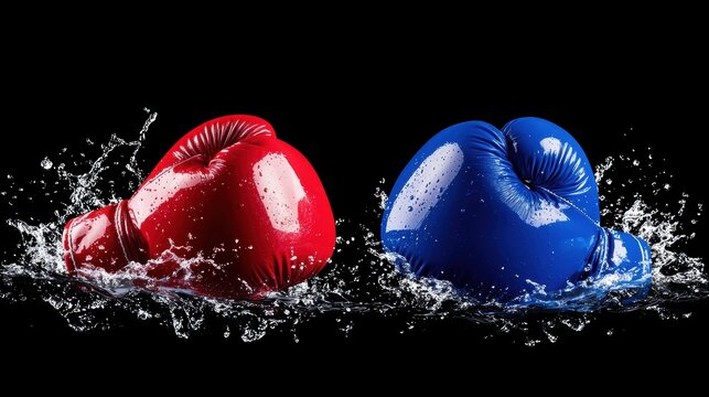 Red and blue boxing gloves facing off with energetic splashes, powerful impact, visual tension, symbol of opposition and rivalry