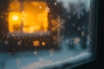 Fototapeta premium Beautiful snowflakes clinging to the window glass in a snowy winter.